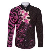 New Zealand Tuatara Plumeria Family Matching Summer Maxi Dress and Hawaiian Shirt Maori Pink Koru Tribal Tattoo LT01 Dad's Shirt - Long Sleeve Pink - Polynesian Pride