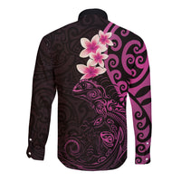 New Zealand Tuatara Plumeria Long Sleeve Button Shirt Maori Pink Koru Tribal Tattoo LT01 - Polynesian Pride