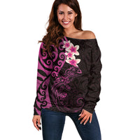 New Zealand Tuatara Plumeria Off Shoulder Sweater Maori Pink Koru Tribal Tattoo LT01 Women Pink - Polynesian Pride