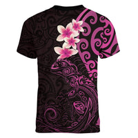 New Zealand Tuatara Plumeria Women V-Neck T-Shirt Maori Pink Koru Tribal Tattoo LT01 - Polynesian Pride