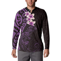 New Zealand Tuatara Plumeria Button Sweatshirt Maori Purple Koru Tribal Tattoo LT01 - Polynesian Pride