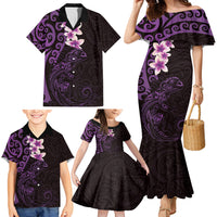 New Zealand Tuatara Plumeria Family Matching Mermaid Dress and Hawaiian Shirt Maori Purple Koru Tribal Tattoo LT01 - Polynesian Pride