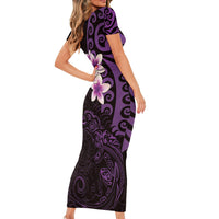 New Zealand Tuatara Plumeria Family Matching Short Sleeve Bodycon Dress and Hawaiian Shirt Maori Purple Koru Tribal Tattoo LT01 - Polynesian Pride