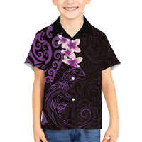 New Zealand Tuatara Plumeria Kid Hawaiian Shirt Maori Purple Koru Tribal Tattoo LT01 Kid Purple - Polynesian Pride