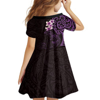 New Zealand Tuatara Plumeria Kid Short Sleeve Dress Maori Purple Koru Tribal Tattoo LT01 - Polynesian Pride