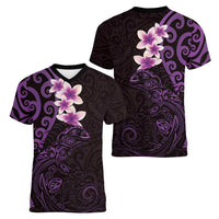 New Zealand Tuatara Plumeria Women V-Neck T-Shirt Maori Purple Koru Tribal Tattoo LT01 - Polynesian Pride