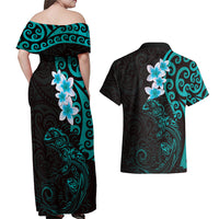 New Zealand Tuatara Plumeria Couples Matching Off Shoulder Maxi Dress and Hawaiian Shirt Maori Teal Koru Tribal Tattoo LT01 - Polynesian Pride