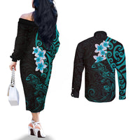 New Zealand Tuatara Plumeria Couples Matching Off The Shoulder Long Sleeve Dress and Long Sleeve Button Shirt Maori Teal Koru Tribal Tattoo LT01 - Polynesian Pride