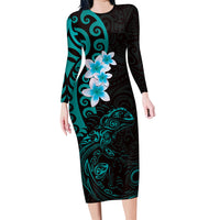 New Zealand Tuatara Plumeria Family Matching Long Sleeve Bodycon Dress and Hawaiian Shirt Maori Teal Koru Tribal Tattoo LT01 Mom's Dress Teal - Polynesian Pride