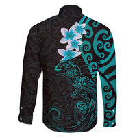 New Zealand Tuatara Plumeria Family Matching Off Shoulder Maxi Dress and Hawaiian Shirt Maori Teal Koru Tribal Tattoo LT01 - Polynesian Pride