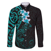 New Zealand Tuatara Plumeria Family Matching Off Shoulder Short Dress and Hawaiian Shirt Maori Teal Koru Tribal Tattoo LT01 Dad's Shirt - Long Sleeve Teal - Polynesian Pride