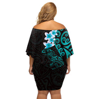 New Zealand Tuatara Plumeria Family Matching Off Shoulder Short Dress and Hawaiian Shirt Maori Teal Koru Tribal Tattoo LT01 - Polynesian Pride
