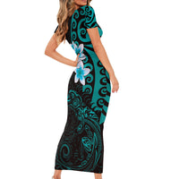 New Zealand Tuatara Plumeria Family Matching Short Sleeve Bodycon Dress and Hawaiian Shirt Maori Teal Koru Tribal Tattoo LT01 - Polynesian Pride
