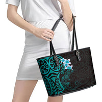 New Zealand Tuatara Plumeria Leather Tote Bag Maori Teal Koru Tribal Tattoo LT01 - Polynesian Pride