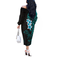 New Zealand Tuatara Plumeria Off The Shoulder Long Sleeve Dress Maori Teal Koru Tribal Tattoo LT01 - Polynesian Pride