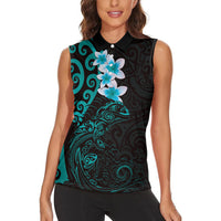 New Zealand Tuatara Plumeria Women Sleeveless Polo Shirt Maori Teal Koru Tribal Tattoo LT01 - Polynesian Pride