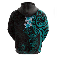 New Zealand Tuatara Plumeria Zip Hoodie Maori Teal Koru Tribal Tattoo LT01 - Polynesian Pride