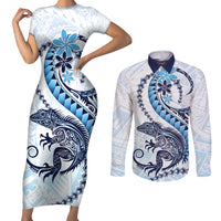 Blue Maori Tuatara Couples Matching Short Sleeve Bodycon Dress and Long Sleeve Button Shirt Luxury Pastel Pattern