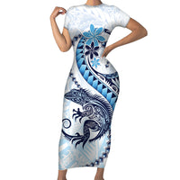 Blue Maori Tuatara Family Matching Short Sleeve Bodycon Dress and Hawaiian Shirt Luxury Pastel Pattern LT01 Mom's Dress Blue - Polynesian Pride