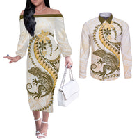 Gold Maori Tuatara Couples Matching Off The Shoulder Long Sleeve Dress and Long Sleeve Button Shirt Luxury Pastel Pattern