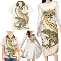 Gold Maori Tuatara Family Matching Long Sleeve Bodycon Dress and Hawaiian Shirt Luxury Pastel Pattern LT01 - Polynesian Pride