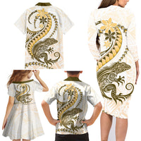 Gold Maori Tuatara Family Matching Long Sleeve Bodycon Dress and Hawaiian Shirt Luxury Pastel Pattern LT01 - Polynesian Pride