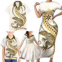 Gold Maori Tuatara Family Matching Short Sleeve Bodycon Dress and Hawaiian Shirt Luxury Pastel Pattern LT01 - Polynesian Pride