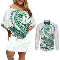 Green Maori Tuatara Couples Matching Off Shoulder Short Dress and Long Sleeve Button Shirt Luxury Pastel Pattern
