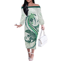 Green Maori Tuatara Family Matching Off The Shoulder Long Sleeve Dress and Hawaiian Shirt Luxury Pastel Pattern LT01 Mom's Dress Green - Polynesian Pride