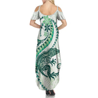 Green Maori Tuatara Family Matching Summer Maxi Dress and Hawaiian Shirt Luxury Pastel Pattern LT01 - Polynesian Pride