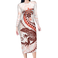Red Maori Tuatara Family Matching Long Sleeve Bodycon Dress and Hawaiian Shirt Luxury Pastel Pattern LT01 Mom's Dress Red - Polynesian Pride