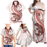 Red Maori Tuatara Family Matching Off Shoulder Maxi Dress and Hawaiian Shirt Luxury Pastel Pattern LT01 - Polynesian Pride