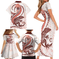 Red Maori Tuatara Family Matching Short Sleeve Bodycon Dress and Hawaiian Shirt Luxury Pastel Pattern LT01 - Polynesian Pride