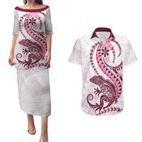 Pink Maori Tuatara Couples Matching Puletasi and Hawaiian Shirt Luxury Pastel Pattern