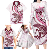 Pink Maori Tuatara Family Matching Long Sleeve Bodycon Dress and Hawaiian Shirt Luxury Pastel Pattern LT01 - Polynesian Pride