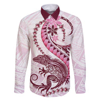 Pink Maori Tuatara Family Matching Long Sleeve Bodycon Dress and Hawaiian Shirt Luxury Pastel Pattern LT01 Dad's Shirt - Long Sleeve Pink - Polynesian Pride