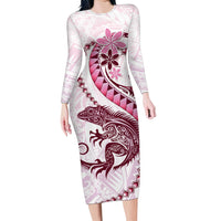 Pink Maori Tuatara Family Matching Long Sleeve Bodycon Dress and Hawaiian Shirt Luxury Pastel Pattern LT01 Mom's Dress Pink - Polynesian Pride