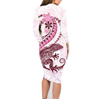 Pink Maori Tuatara Family Matching Long Sleeve Bodycon Dress and Hawaiian Shirt Luxury Pastel Pattern LT01 - Polynesian Pride