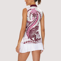 Pink Maori Tuatara Women Sleeveless Polo Shirt Luxury Pastel Pattern