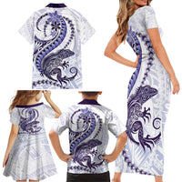 Purple Maori Tuatara Family Matching Short Sleeve Bodycon Dress and Hawaiian Shirt Luxury Pastel Pattern LT01 - Polynesian Pride