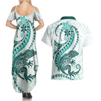 Teal Maori Tuatara Couples Matching Summer Maxi Dress and Hawaiian Shirt Luxury Pastel Pattern