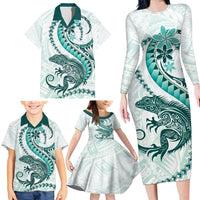 Teal Maori Tuatara Family Matching Long Sleeve Bodycon Dress and Hawaiian Shirt Luxury Pastel Pattern LT01 - Polynesian Pride