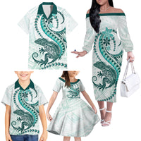 Teal Maori Tuatara Family Matching Off The Shoulder Long Sleeve Dress and Hawaiian Shirt Luxury Pastel Pattern LT01 - Polynesian Pride