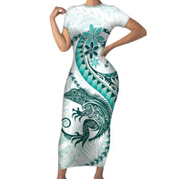 Teal Maori Tuatara Family Matching Short Sleeve Bodycon Dress and Hawaiian Shirt Luxury Pastel Pattern LT01 Mom's Dress Teal - Polynesian Pride