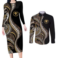 Hawaii Pineapple Brown Tribal Pattern Couples Matching Long Sleeve Bodycon Dress and Long Sleeve Button Shirt - Polynesian Pride