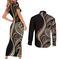 Hawaii Pineapple Brown Tribal Pattern Couples Matching Short Sleeve Bodycon Dress and Long Sleeve Button Shirt - Polynesian Pride