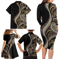 Hawaii Pineapple Brown Tribal Pattern Family Matching Long Sleeve Bodycon Dress and Hawaiian Shirt LT01 - Polynesian Pride