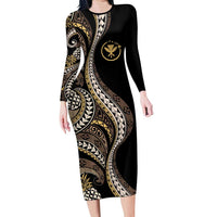 Hawaii Pineapple Brown Tribal Pattern Family Matching Long Sleeve Bodycon Dress and Hawaiian Shirt LT01 Mom's Dress Brown - Polynesian Pride
