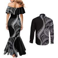 Hawaii Pineapple Gray Scale Tribal Pattern Couples Matching Mermaid Dress and Long Sleeve Button Shirt - Polynesian Pride