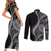 Hawaii Pineapple Gray Scale Tribal Pattern Couples Matching Short Sleeve Bodycon Dress and Long Sleeve Button Shirt - Polynesian Pride